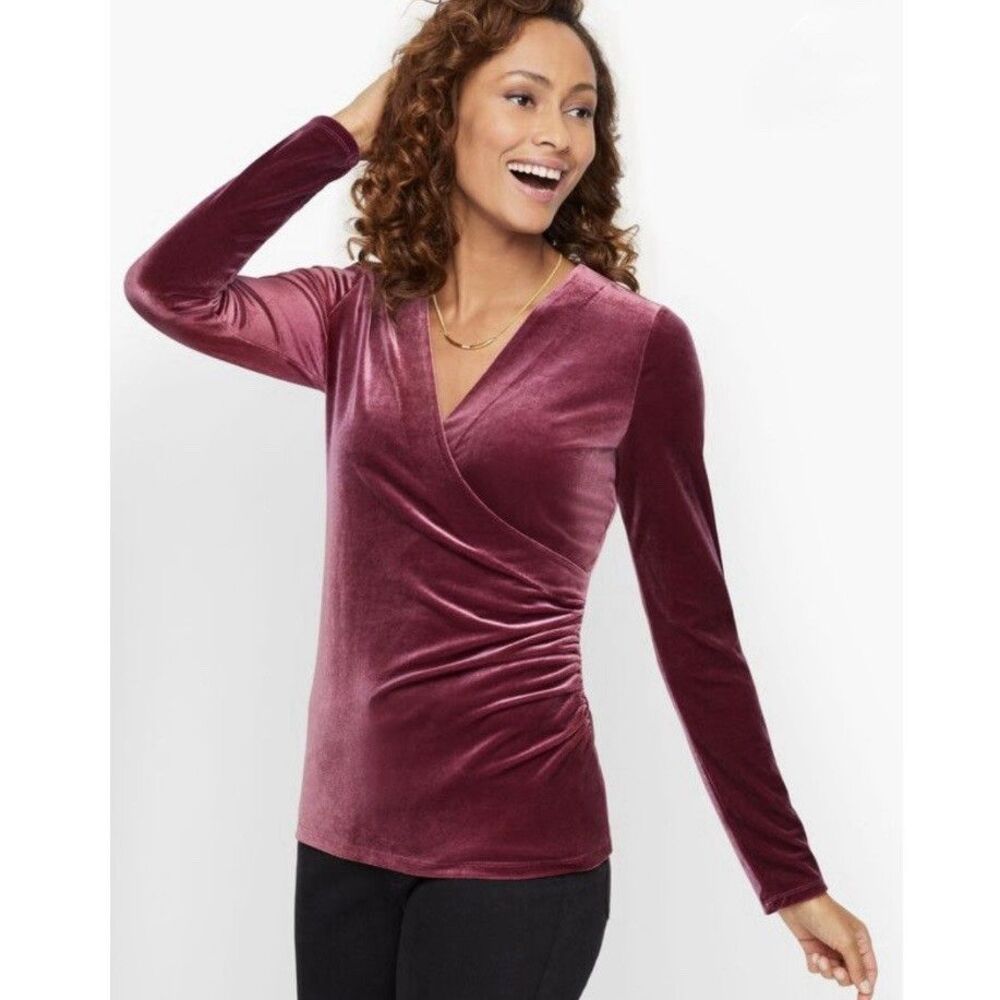 Talbots Maroon Burgundy Velvet Crossover Ruched Surplice Long Sleeve Top Size L